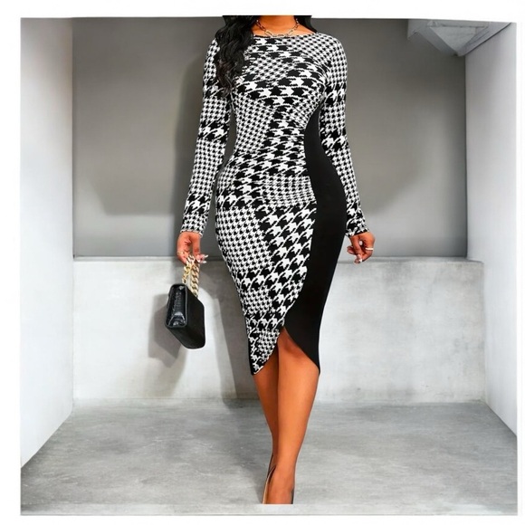 Houndstooth Bodycon Dress, Long Sleeve Boat Neck Elegant Dress - Picture 1 of 4